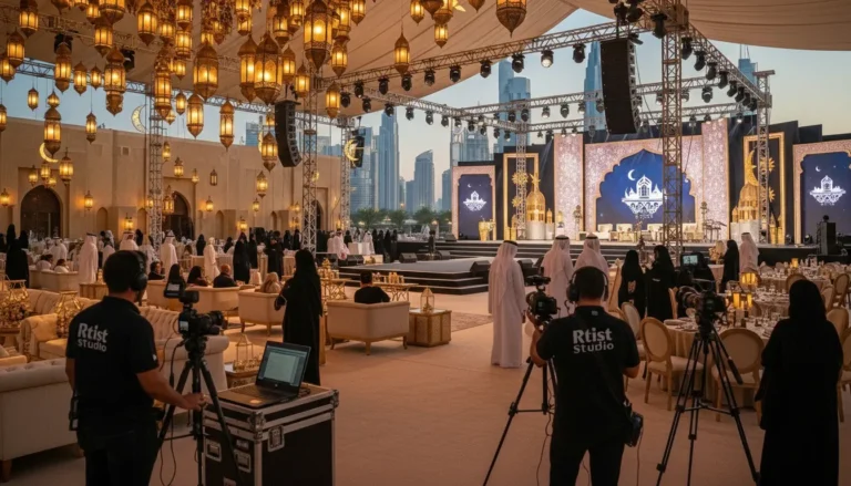 Luxury Ramadan Event production in Dubai with traditional Iftar décor, stage lighting, and professional video coverage.