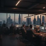 A video production house office with people working at desks and a large screen displaying project content.