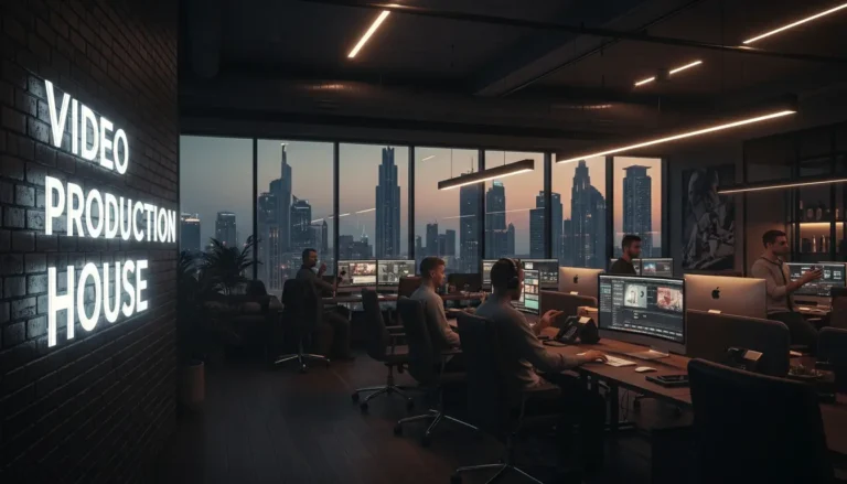 A video production house office with people working at desks and a large screen displaying project content.