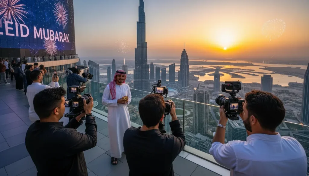 A group of people capturing the sunset in Dubai during Eid al-Fitr celebrations, with vibrant colors in the sky.