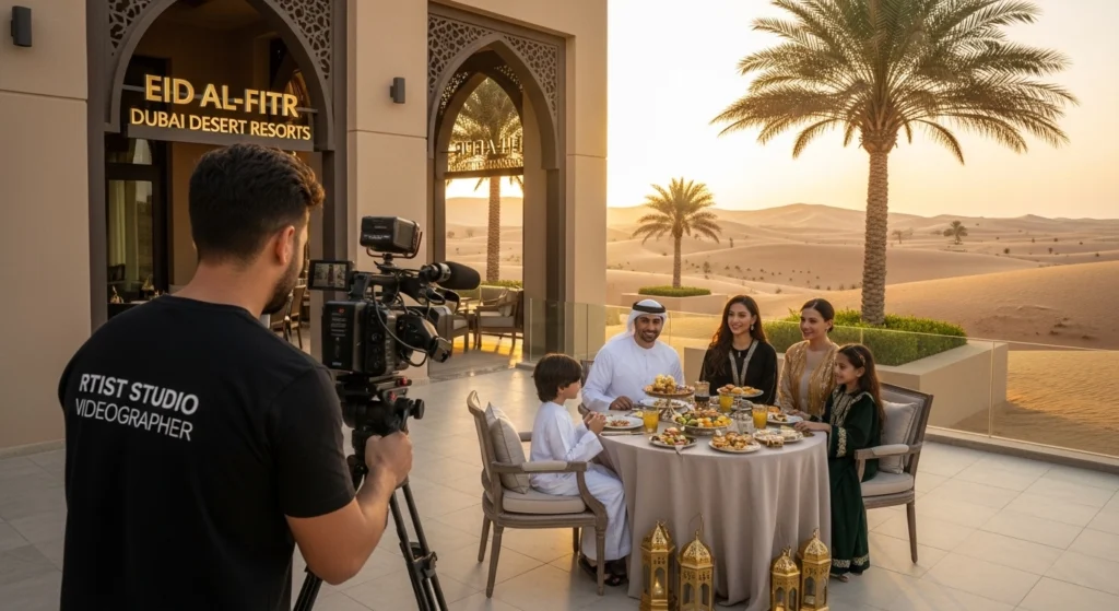 A man films a video of diners enjoying a meal at a restaurant during Eid al-Fitr celebrations.