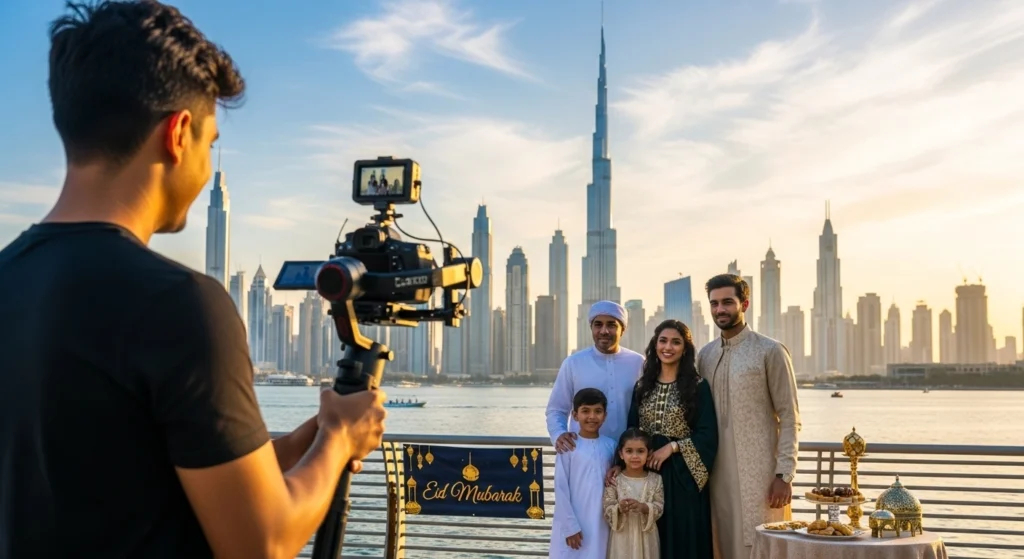 A family poses for photos with a camera against the Dubai skyline, celebrating Eid al-Fitr.