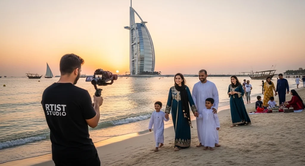A family enjoying a day at the beach while a photographer captures their moments with a camera.