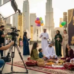 A group of people in traditional clothing gathers around a camera for an Eid al-Fitr video production.