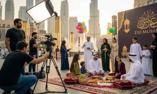 A group of people in traditional clothing gathers around a camera for an Eid al-Fitr video production.
