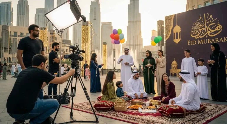 A group of people in traditional clothing gathers around a camera for an Eid al-Fitr video production.
