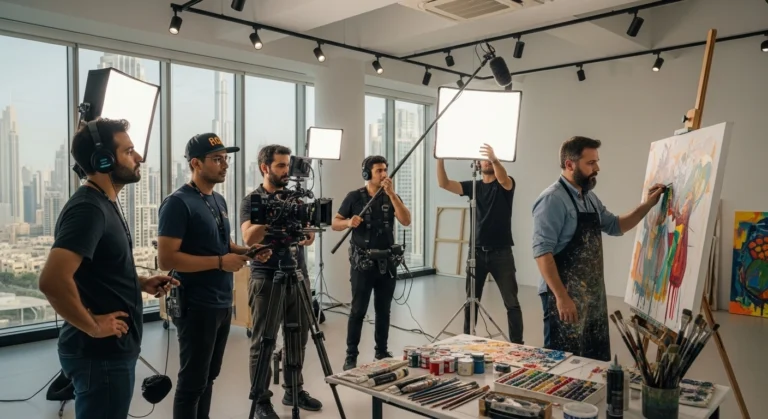 A professional video production crew gathers around a painting, discussing its details and capturing the moment on camera.