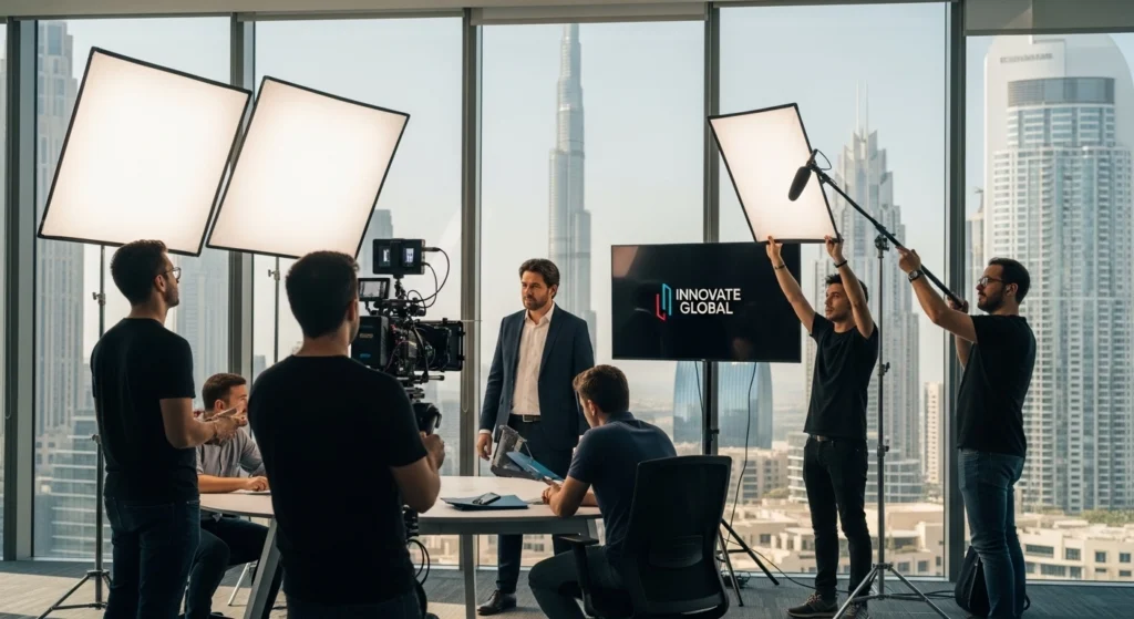 A group of people gathered in front of a large screen during a corporate video production event.