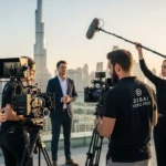 A team of people standing together with cameras, focused on producing corporate promotional videos.