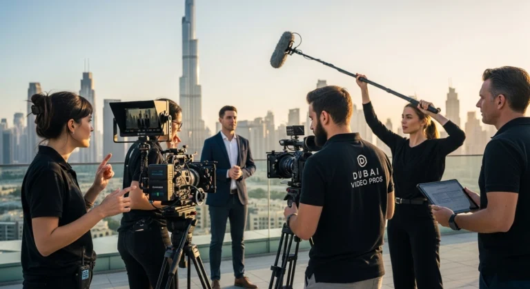 A team of people standing together with cameras, focused on producing corporate promotional videos.
