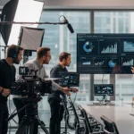 A group of professionals in a meeting room equipped with video production technology for corporate purposes.