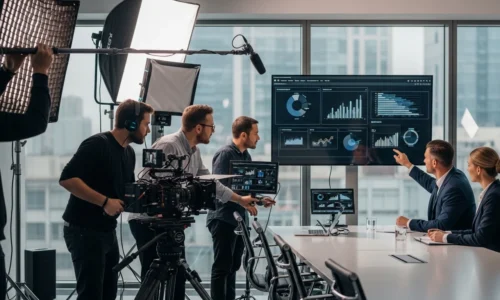 A group of professionals in a meeting room equipped with video production technology for corporate purposes.