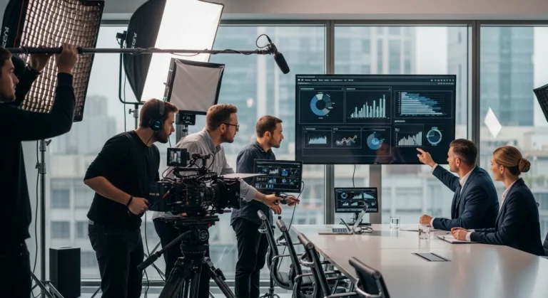 A group of professionals in a meeting room equipped with video production technology for corporate purposes.