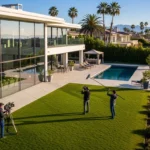 A man stands with a camera in front of a house, promoting corporate video production for real estate.