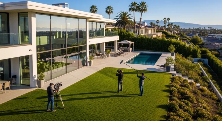 A man stands with a camera in front of a house, promoting corporate video production for real estate.