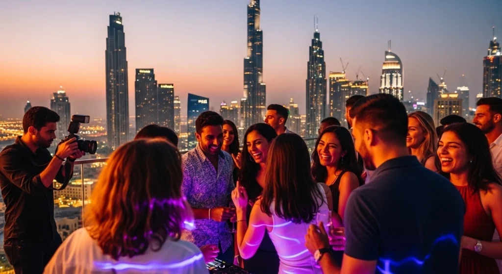 Friends celebrating together in a bustling city setting, showcasing the excitement of a night out in Dubai.