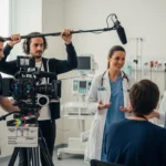 A group of people in a hospital room filming a video, highlighting healthcare production in Dubai.
