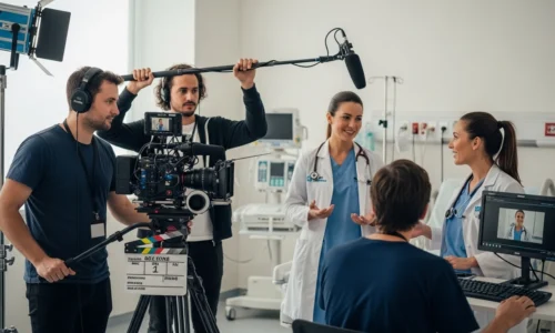 A group of people in a hospital room filming a video, highlighting healthcare production in Dubai.