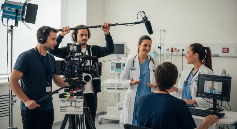 A group of people in a hospital room filming a video, highlighting healthcare production in Dubai.