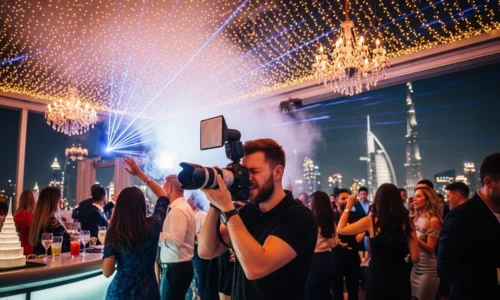 A man captures a photo of guests enjoying a lively party in Dubai, showcasing his skills as a top photographer.