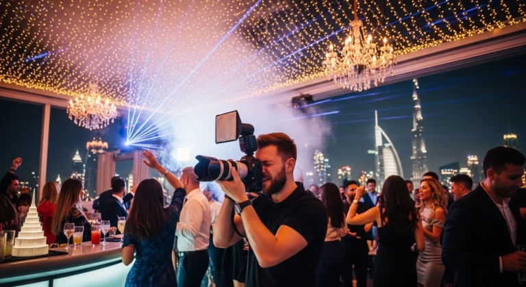 A man captures a photo of guests enjoying a lively party in Dubai, showcasing his skills as a top photographer.