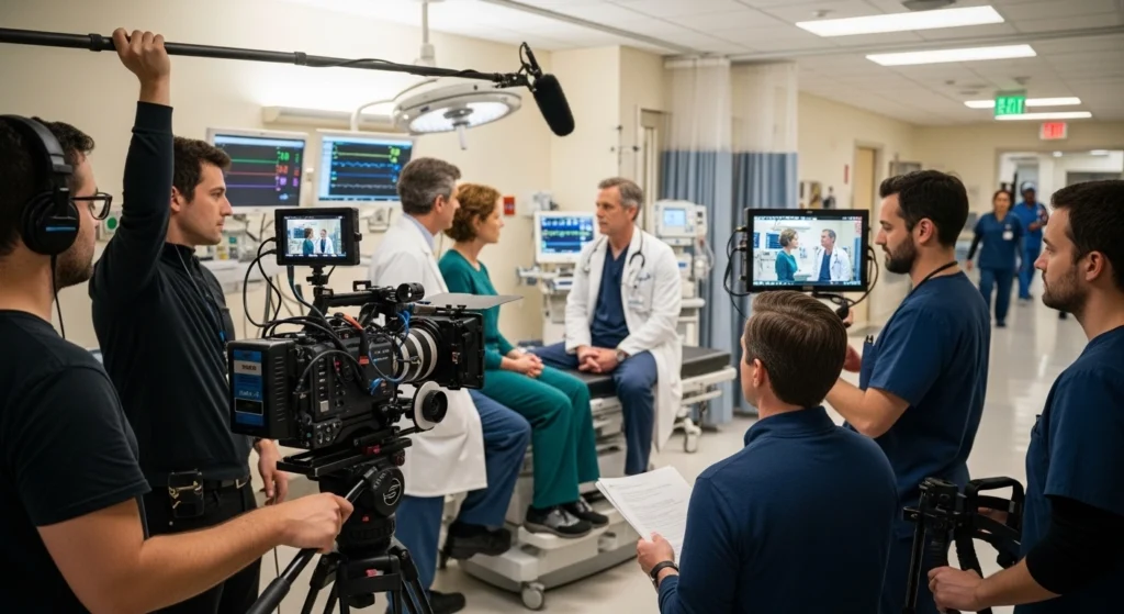 Medical professionals, including doctors and nurses, working together in a hospital room, showcasing healthcare video production in Dubai.