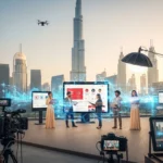 A team observes a large screen with a drone flying above, highlighting a corporate video production in Dubai focused on digital commerce.