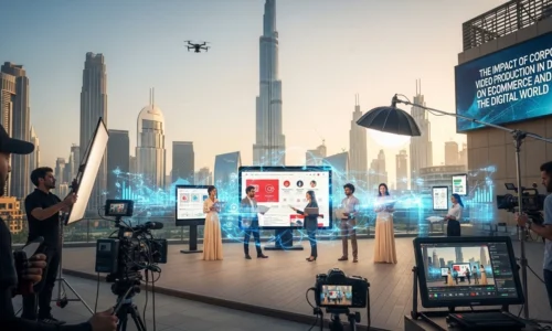 A team observes a large screen with a drone flying above, highlighting a corporate video production in Dubai focused on digital commerce.