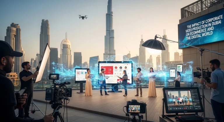 A team observes a large screen with a drone flying above, highlighting a corporate video production in Dubai focused on digital commerce.