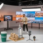 A camera on a tripod is positioned in a video production studio, prepared for shooting.