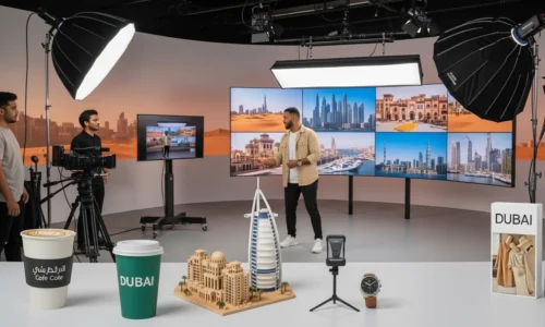 A camera on a tripod is positioned in a video production studio, prepared for shooting.