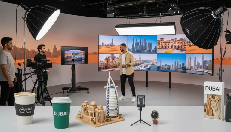 A camera on a tripod is positioned in a video production studio, prepared for shooting.