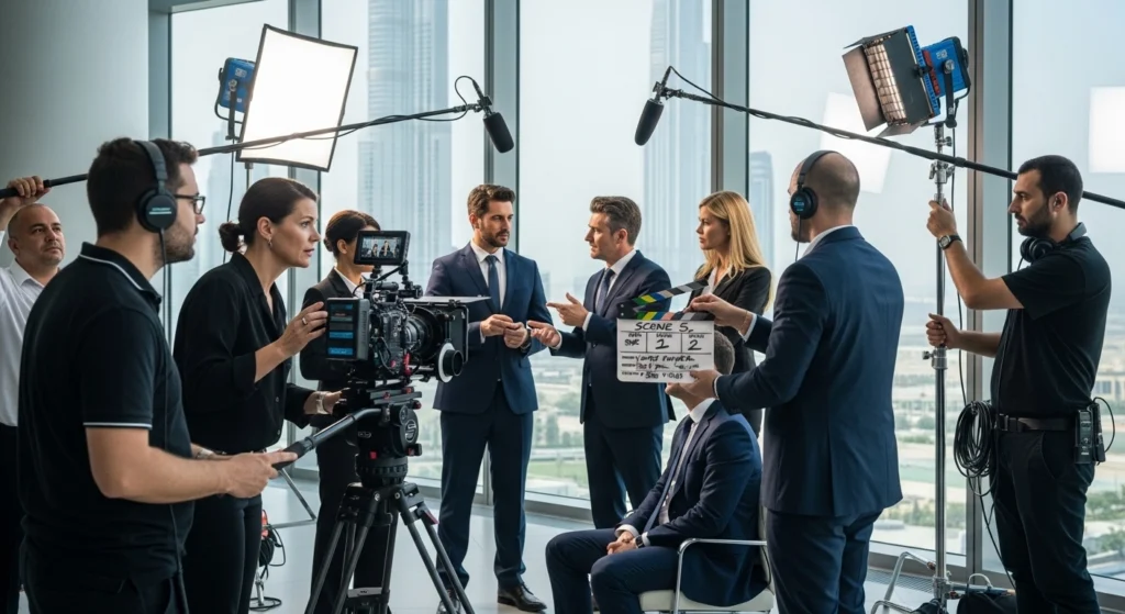 A group of people in front of a camera, with a man in a suit, during a corporate video production in Dubai.