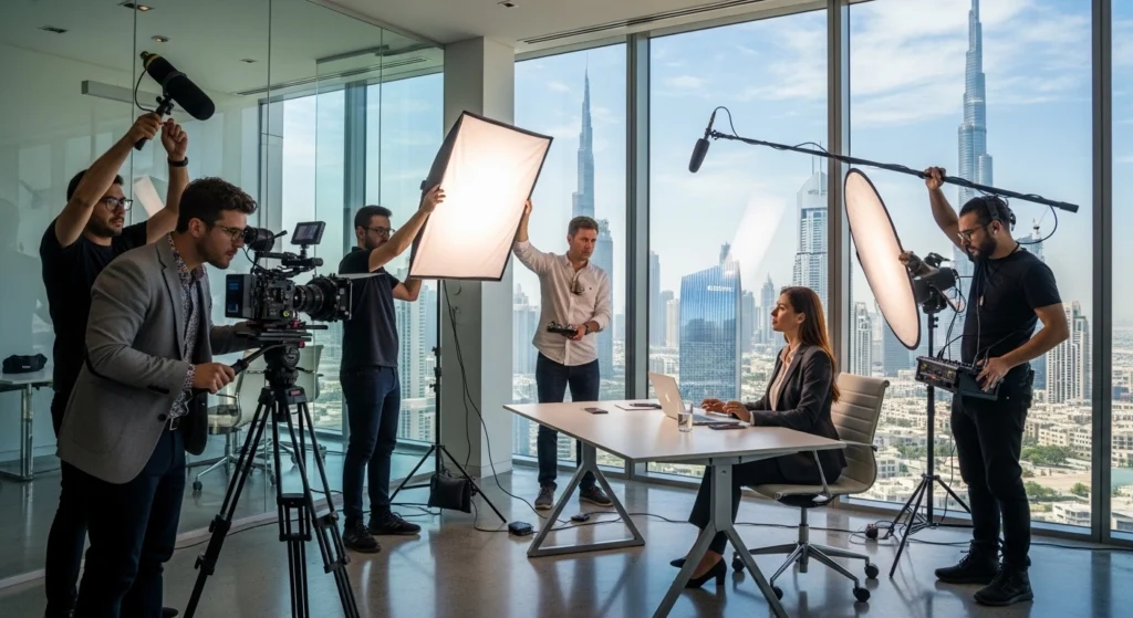 A group of people gathered in front of a camera and desk, preparing for corporate interview videos.