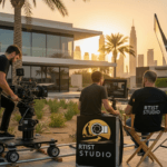 Four men work on a camera outside a house, representing a video production company in Dubai for real estate projects.