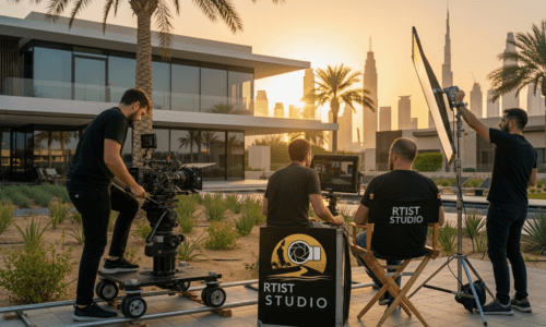 Four men work on a camera outside a house, representing a video production company in Dubai for real estate projects.