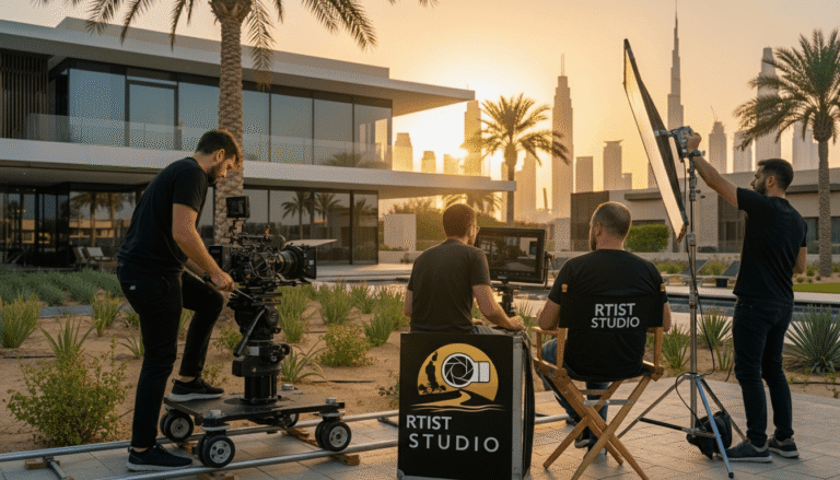 Four men work on a camera outside a house, representing a video production company in Dubai for real estate projects.
