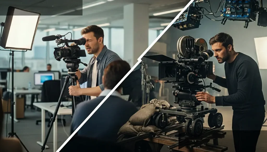 Two images of a videographer in front of a camera, showcasing his work and creative process.