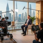 A man films a corporate interview in front of a window showcasing a city skyline.