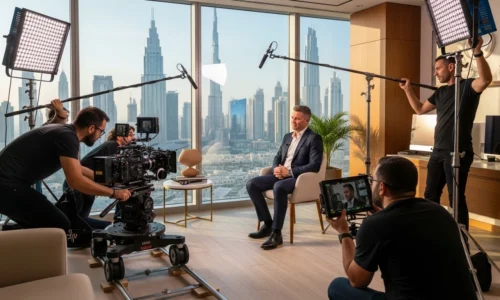 A man films a corporate interview in front of a window showcasing a city skyline.