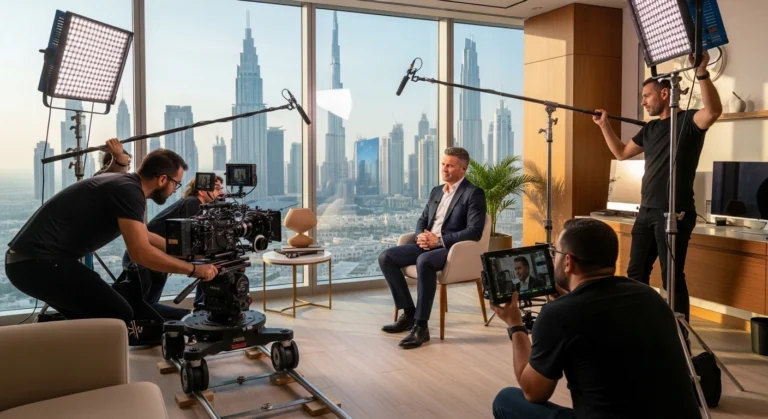 A man films a corporate interview in front of a window showcasing a city skyline.