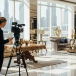 A man and woman filming a video in a stylish living room, showcasing their work as professional interior videographers.