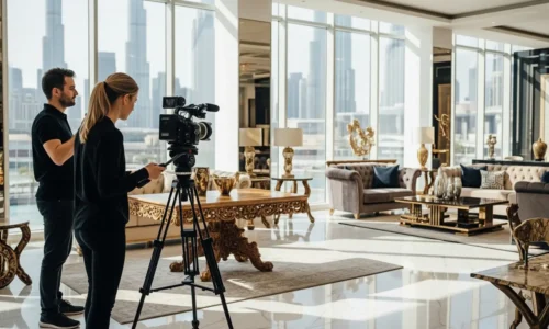 A man and woman filming a video in a stylish living room, showcasing their work as professional interior videographers.