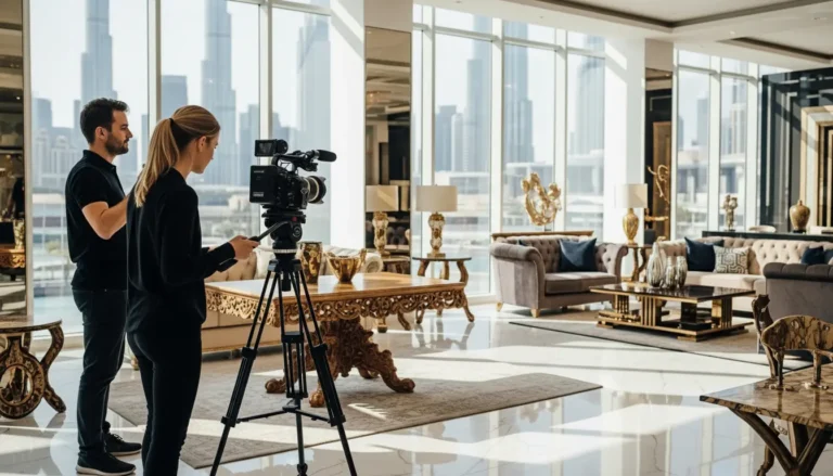 A man and woman filming a video in a stylish living room, showcasing their work as professional interior videographers.