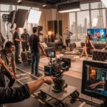 Team members in a room with a television and camera, engaged in the TV commercial production process in Dubai.