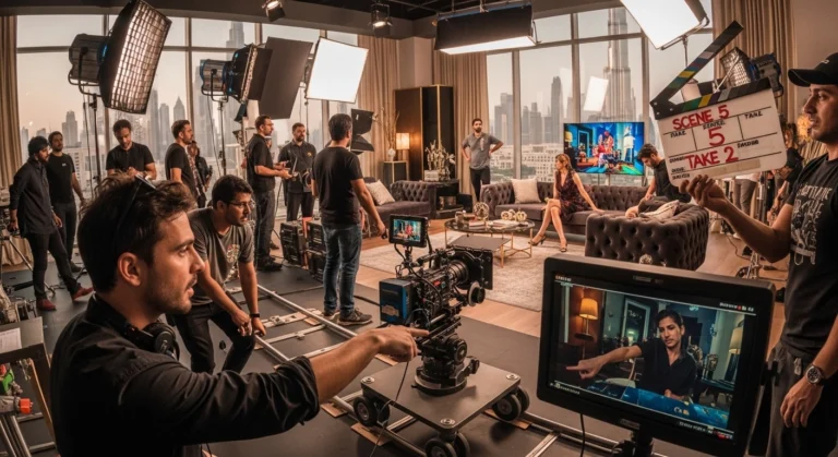 Team members in a room with a television and camera, engaged in the TV commercial production process in Dubai.