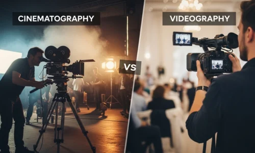 A split image illustrating the differences between cinematography and videography, highlighting techniques and equipment used.
