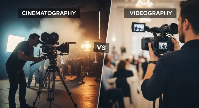 A split image illustrating the differences between cinematography and videography, highlighting techniques and equipment used.