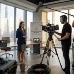A group of people gathered around a camera and laptop, collaborating on corporate video production
