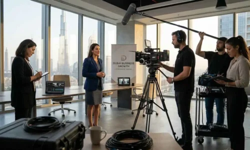 A group of people gathered around a camera and laptop, collaborating on corporate video production